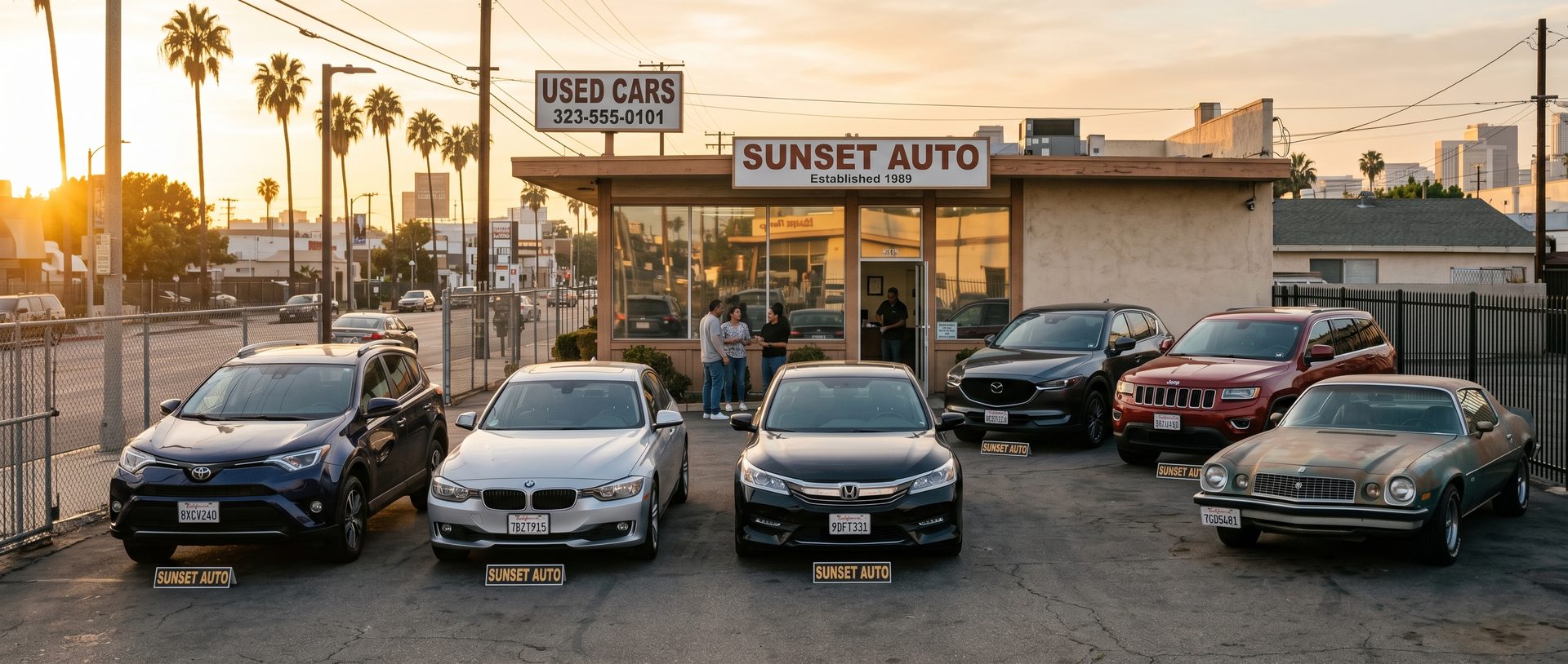 Kartech dealership lot at golden hour, Venice Boulevard, Los Angeles